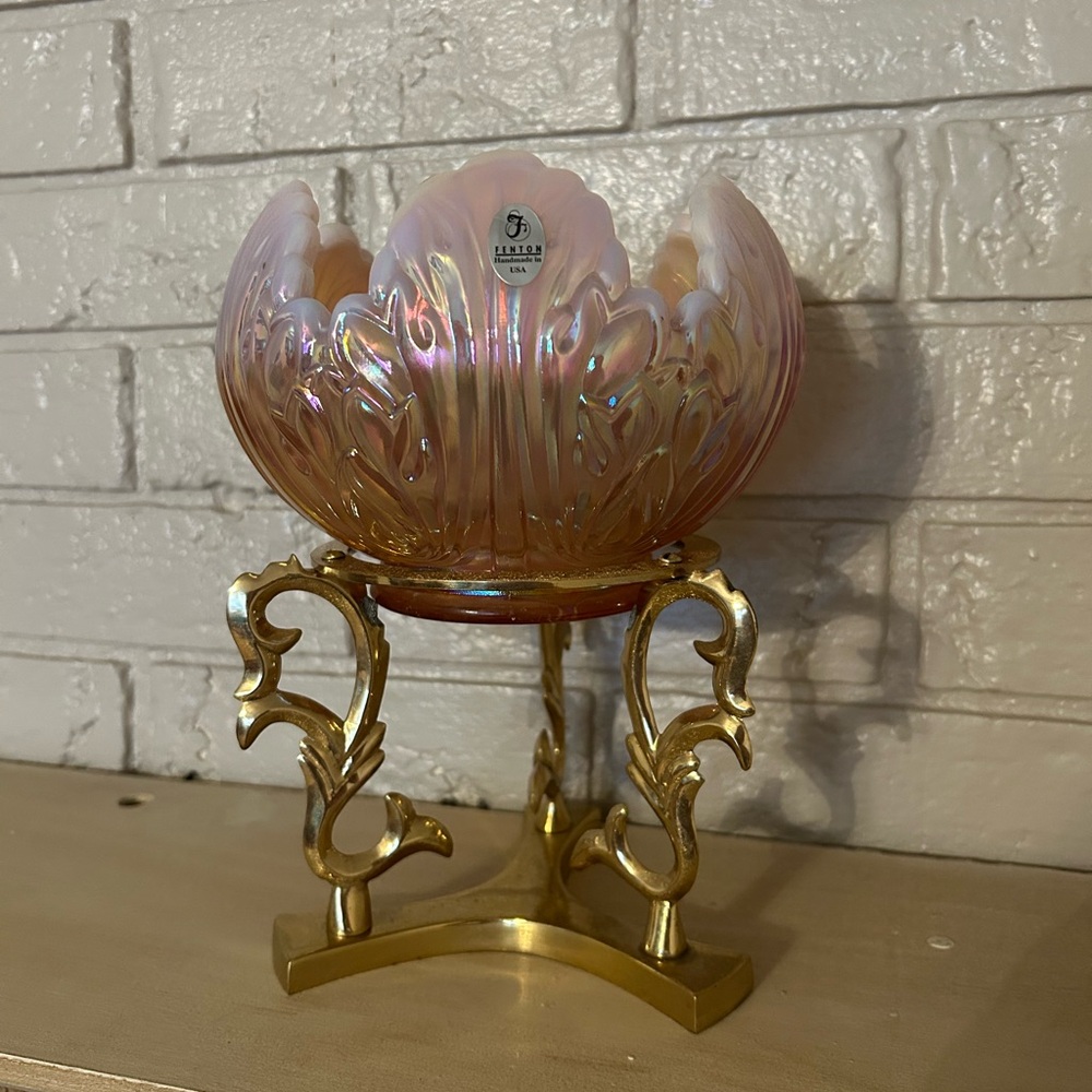 Fenton Iridescent Pink Carnival Glass Flower Bowl on Gold Stand